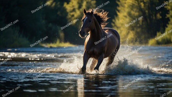 Majestic Brown Horse Galloping Through Sparkling River Water