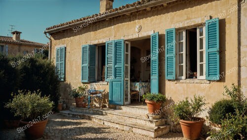 Sunlit French Stone House with Vibrant Blue Shutters