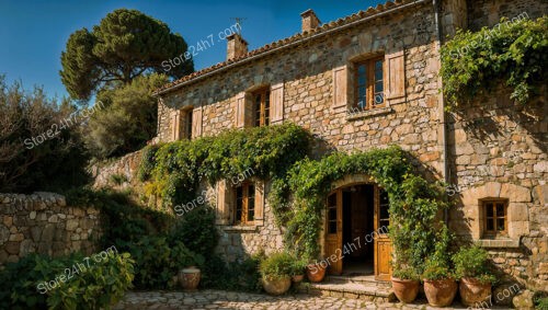 Charming French Stone House with Ivy and Wooden Shutters