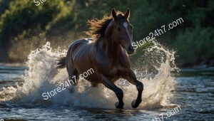 Chestnut Horse Galloping Through River Splashing Dramatically