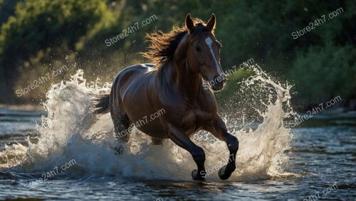 Chestnut Horse Galloping Through River Splashing Dramatically