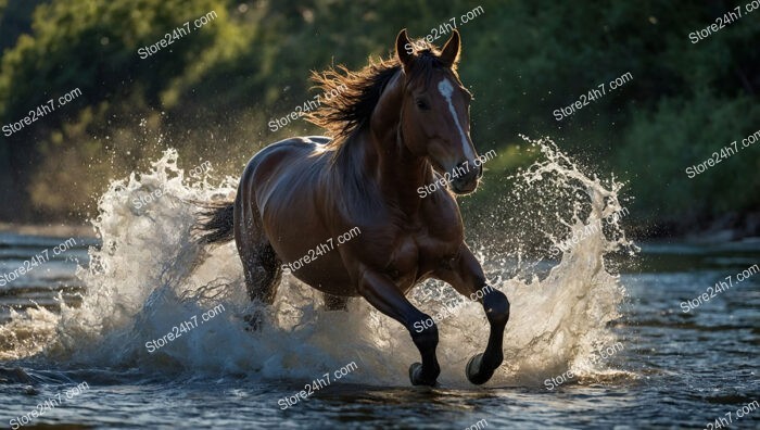 Chestnut Horse Galloping Through River Splashing Dramatically