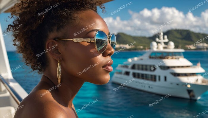 A Beautiful Woman Relaxes on a Yacht in Paradise