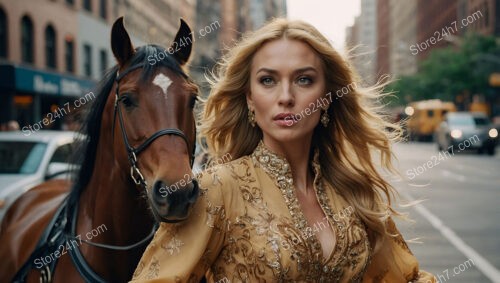 A Golden Horse Gracefully Walking Through Busy City Streets