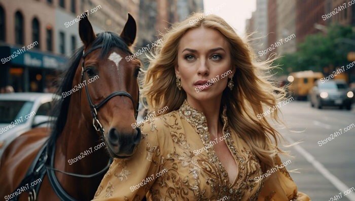 A Golden Horse Gracefully Walking Through Busy City Streets