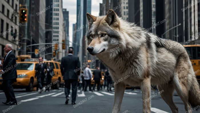 A Lone Wolf Stands Amid Wall Street's Bustling Activity