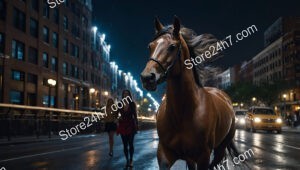A Majestic Horse Galloping Through the City Streets at Night