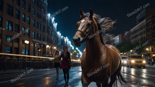 A Majestic Horse Galloping Through the City Streets at Night