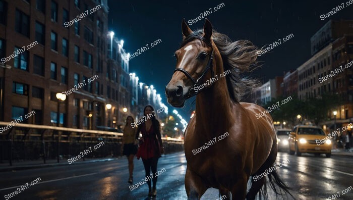 A Majestic Horse Galloping Through the City Streets at Night