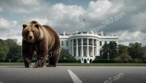 A mighty bear roams freely in front of the White House