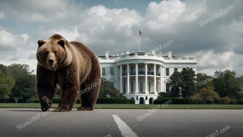 A mighty bear roams freely in front of the White House