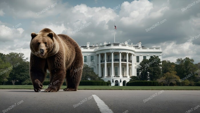 A mighty bear roams freely in front of the White House