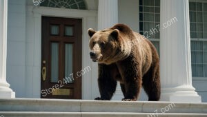 A powerful bear stands guard at the White House entrance