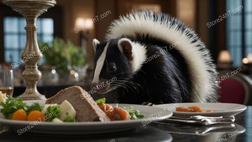 A skunk dines elegantly in a high-end restaurant setting