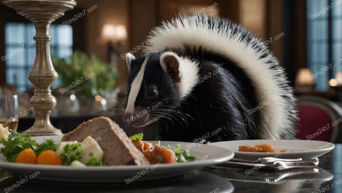 A skunk dines elegantly in a high-end restaurant setting