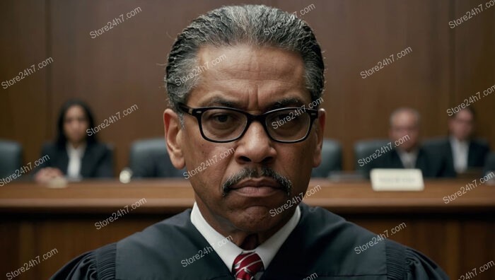 A Stern Judge's Steadfast Gaze in American Courtroom Scene