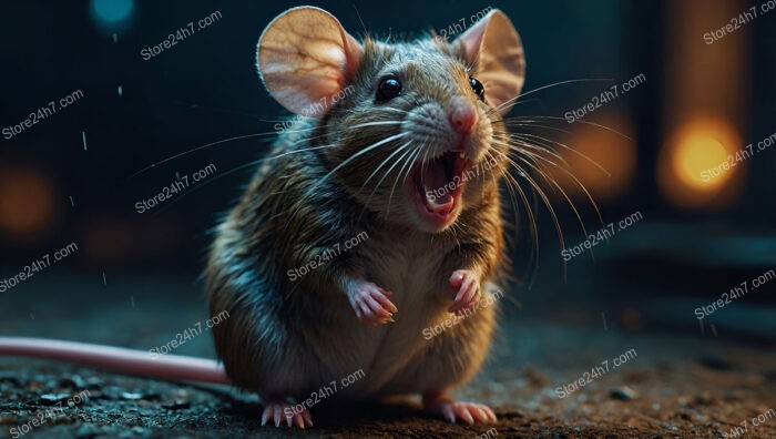 A terrified mouse lets out a piercing scream in darkness