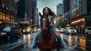 A Woman Riding Majestic Horse Through Busy City Streets At Dusk
