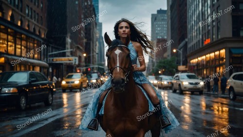 A Woman Riding Majestic Horse Through Busy City Streets At Dusk