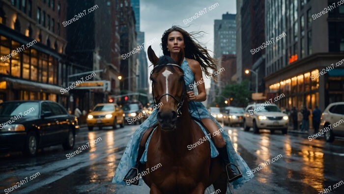 A Woman Riding Majestic Horse Through Busy City Streets At Dusk