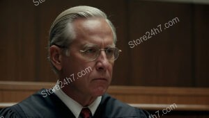 American Judge's Intense Gaze Captures Courtroom's Solemn Atmosphere