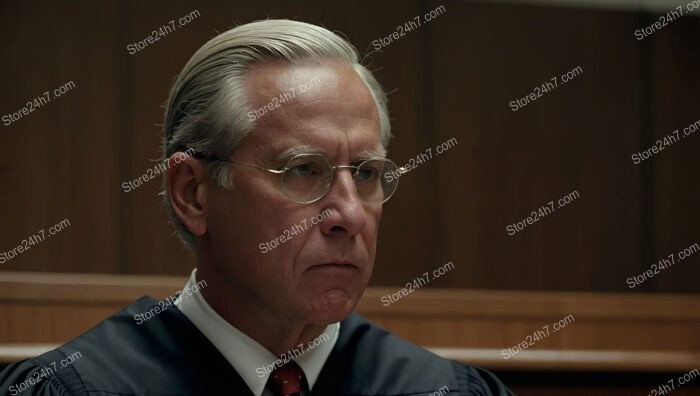 American Judge's Intense Gaze Captures Courtroom's Solemn Atmosphere