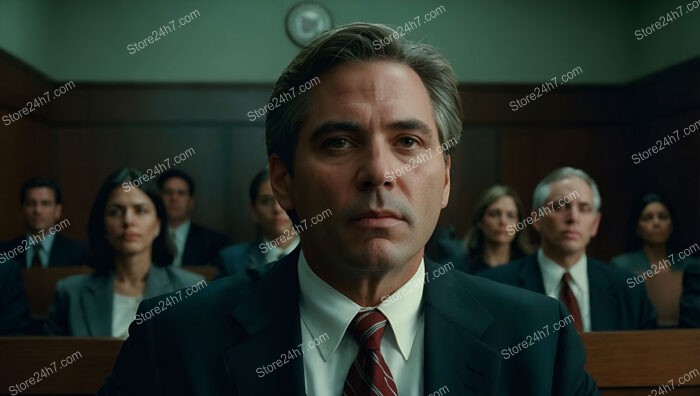 Attorney's Determined Expression in Tense American Courtroom Scene