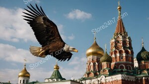 Bald eagle majestically soaring above Moscow's iconic Kremlin towers