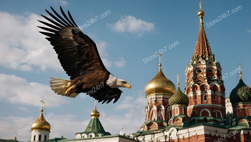 Bald eagle majestically soaring above Moscow's iconic Kremlin towers