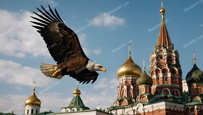 Bald eagle majestically soaring above Moscow's iconic Kremlin towers