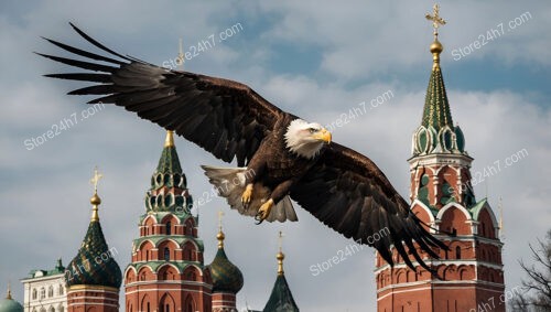 Bald eagle soaring above Moscow’s historic Kremlin towers