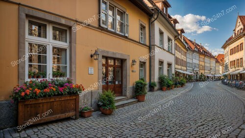 Bavarian Street with Colorful Flowers and Cobblestones