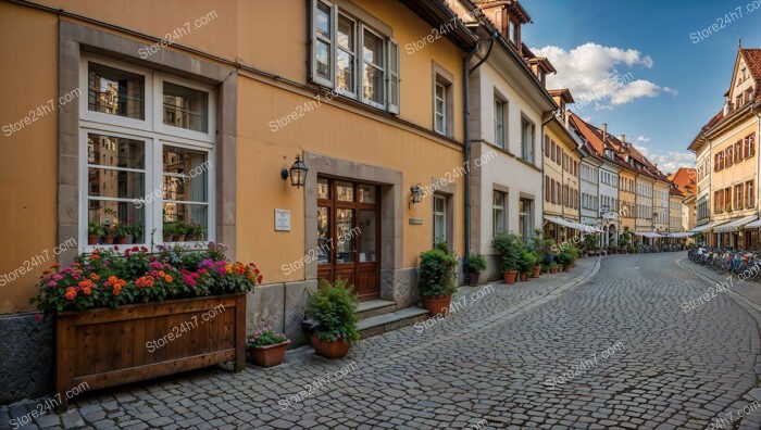 Bavarian Street with Colorful Flowers and Cobblestones