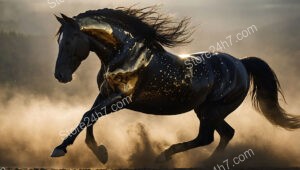Black Horse Gallops Through Golden Mist, Radiating Mystical Energy