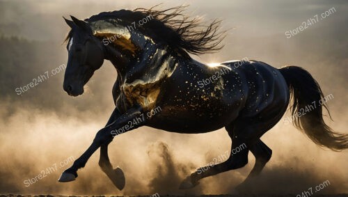 Black Horse Gallops Through Golden Mist, Radiating Mystical Energy