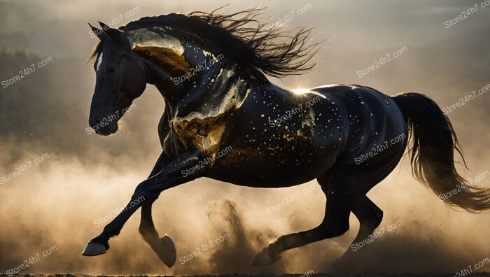 Black Horse Gallops Through Golden Mist, Radiating Mystical Energy