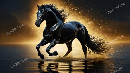 Black Horse Gallops Through Golden Mist, Radiating Mystical Power