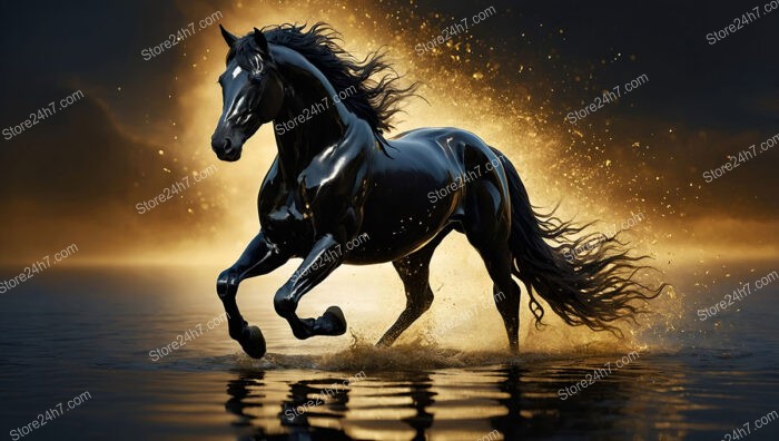 Black Horse Gallops Through Golden Mist, Radiating Mystical Power