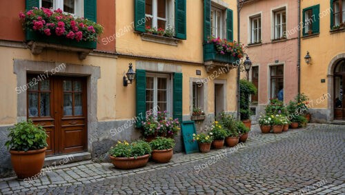 Charming Bavarian Alley with Colorful Shutters and Flower Pots