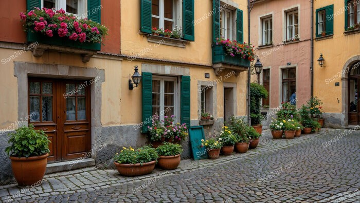 Charming Bavarian Alley with Colorful Shutters and Flower Pots