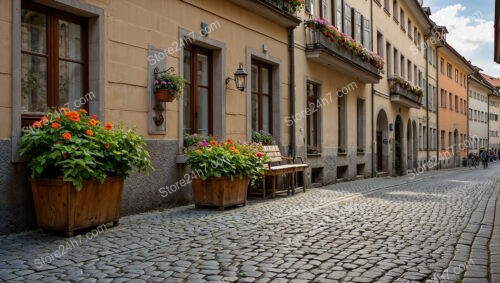 Charming Bavarian Street with Flower Boxes and Benches