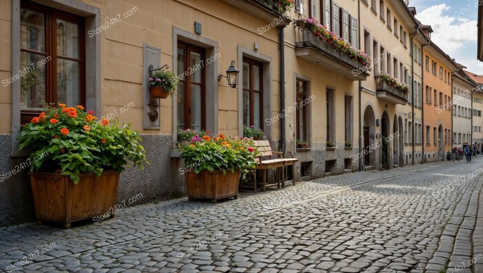 Charming Bavarian Street with Flower Boxes and Benches