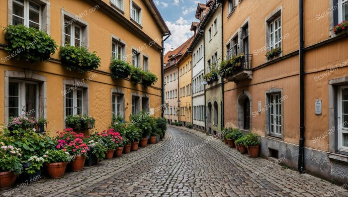 Charming Bavarian Street with Flower-Filled Window Boxes