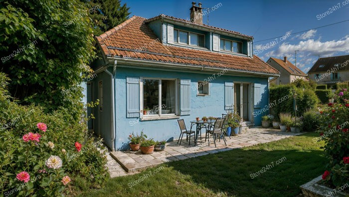 Charming Blue Cottage with a Cozy Garden Near Paris