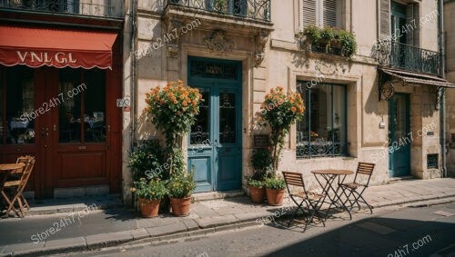 Charming Blue Door and Vibrant Flowers in Historic French City