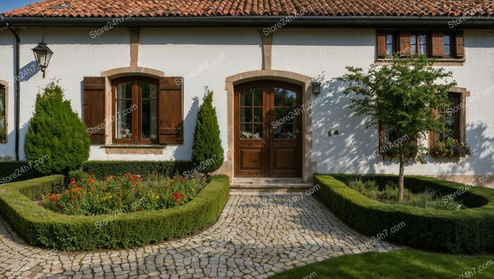 Charming Country Home with Greenery and Stone Pathway