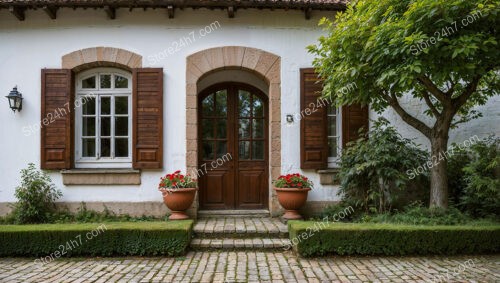 Charming Country House Entrance with Rustic Wooden Shutters