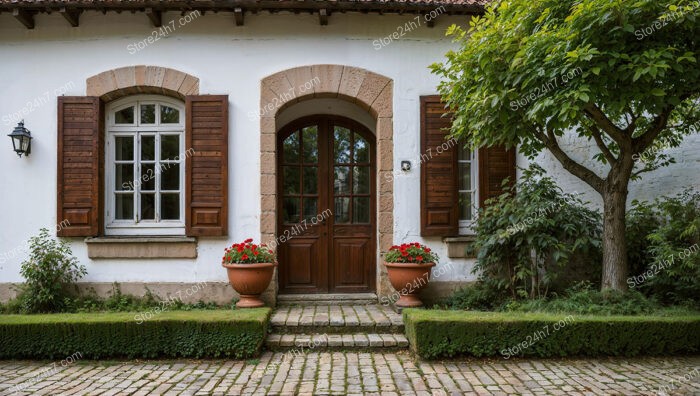 Charming Country House Entrance with Rustic Wooden Shutters