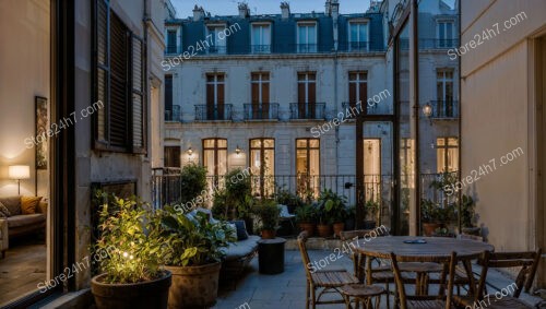 Charming Evening Terrace with Cozy Lighting in French Apartment