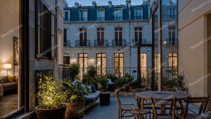 Charming Evening Terrace with Cozy Lighting in French Apartment